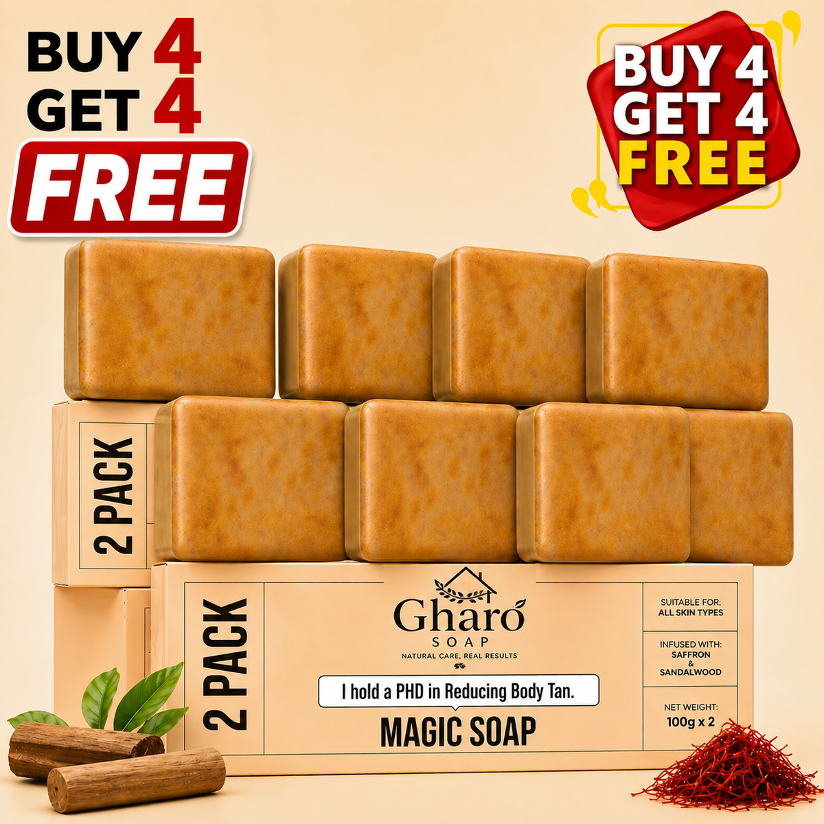 Gharo Sandalwood & Saffron Magic Soap – Buy 4 Get 4 Free